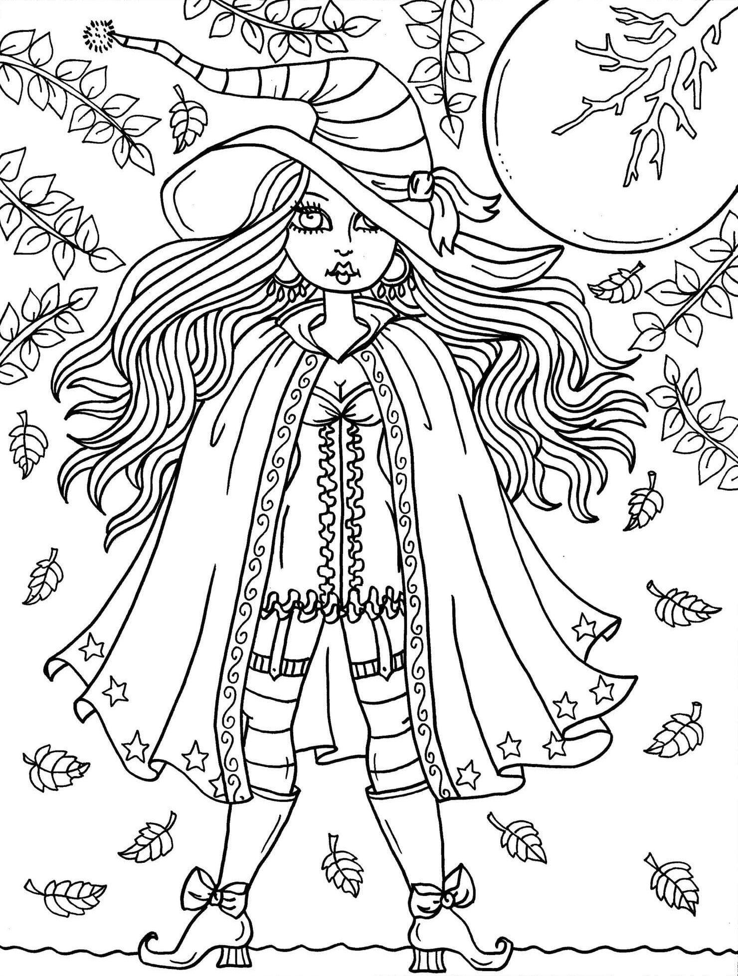 Sarah Wearing A Big Witch Hat Coloring Page (Printable)